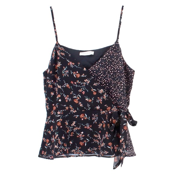 paper crane Black Multicolor Floral Double Print Surplice Wrap Peplum Tank Top - Picture 11 of 14